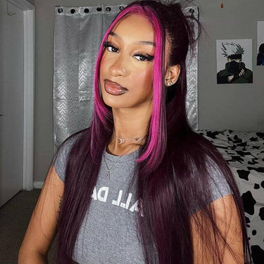 Megalook Bogo Free 13x4 Lace Front Side Part Highlight Money Piece Pink Purple Human Hair Wig HD Transparent Lace Straight Wig
