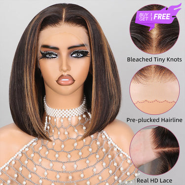 Megalook Bogo Free 13x4 Bob Lace Wig Pre-Plucked Highlight 1BP30 Straight 100% Human Hair Wig