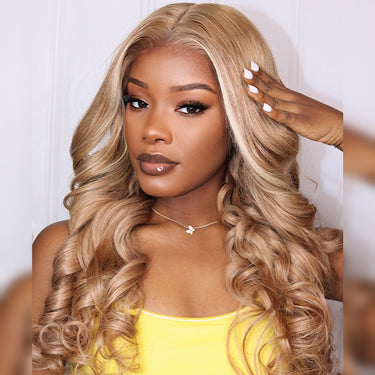 Megalook 13x4 Lace Frontal Milk Tea Brown With Highlight Body Wave Wigs Invisible Knots Natural Hairline