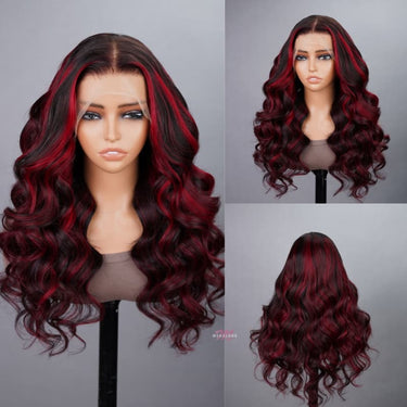 Megalook Bogo Free New Dark Burgundy With Rose Red Highlights 13x4 Lace Front Hand Curls Wig