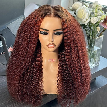 Megalook 6x5 Invisible Knots Glueless Reddish Brown Ombre Kinky Curly Realistic Hairline Beginner Friendly