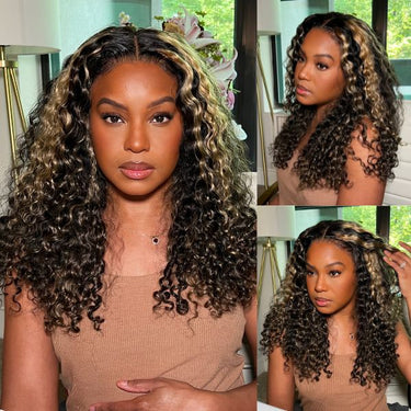 Megalook 13x4 Lace Frontal Balayage Highlight Water Wave Invisible Knots Natural Edges