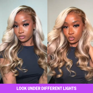 Blonde And Brown Ombre Wig Model Under Different Lights