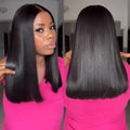 Black Double Drawn Straight Wig Model Show In Front And Back