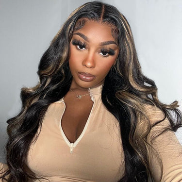 Megalook Bogo Free Honey Blonde Highlights On Black 5x5 Closure Wig 100% Human Hair Wig