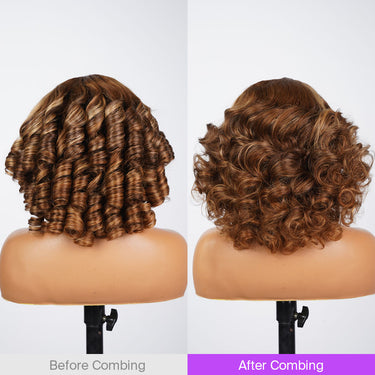 Honey Blonde Highlight Bouncy Curly Wig Before Combing VS After Combing
