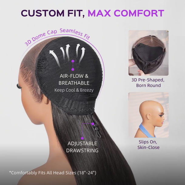 Natural Black 13x6 Glueless Wig 3D Dome Cap Seamless Fit &autoplay