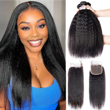 Megalook 12A Grade Human Hair Yaki Straight Bundles With 5x5 Closure Brazilian Remy Human Hair 3 Bundles With Swiss Lace Closure Natural Black
