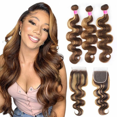 Megalook 10A Highlight P4/27 Bundles With Closure Straight 3 Bundles With Closure Brazilian Hair Weave Bundles With 5x5 Lace Closure