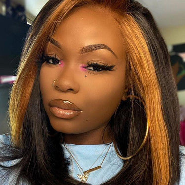 Megalook Bogo Free Black 13*4*1.5 T Part Bob Wig With Ginger Highlights In Front 12 14 Inch Human Hair