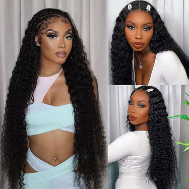 Megalook 13x4 Lace Frontal Deep Wave Wigs 32-40 Inch Invisible Knots Natural Black Natural Hairline