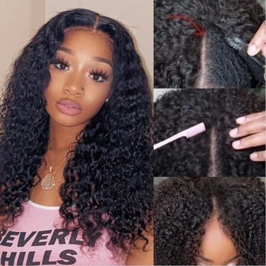 Megalook V Part Glueless Jerry Curly Wigs Invisi Drawstring Natural Black Seamless Wear